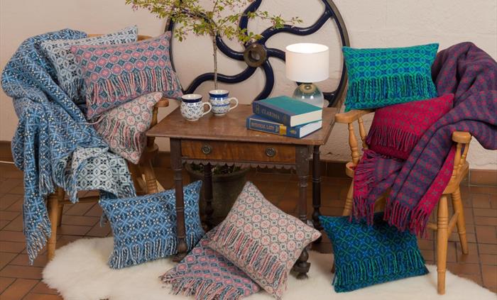 Brushed tapestry throws and cushions woven at Trefriw Woollen Mills